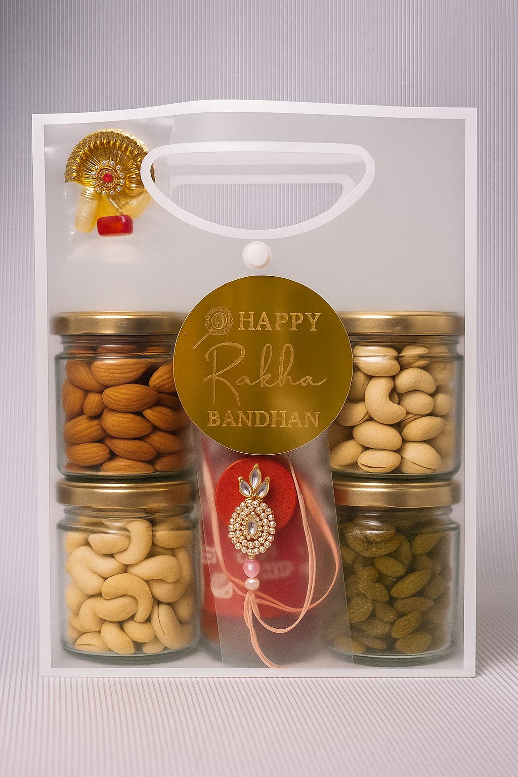 1 Transparent Bag - Dried Fruits Hamper with Rakhi