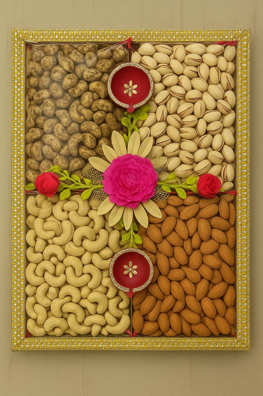 Festive Dry Fruit Gift Set – 4 Varieties (200g Each) with 2 Diyas in Pearl Border Tray