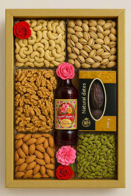 Royal Festive Hamper – 500g Assorted Dry Fruits with Rose Sherbet